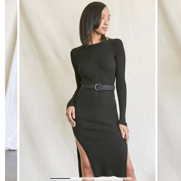 Ribbed Knit Belted Midi Side Slit Long Sleeve Dress L -  New without Tags - Picture 1 of 13